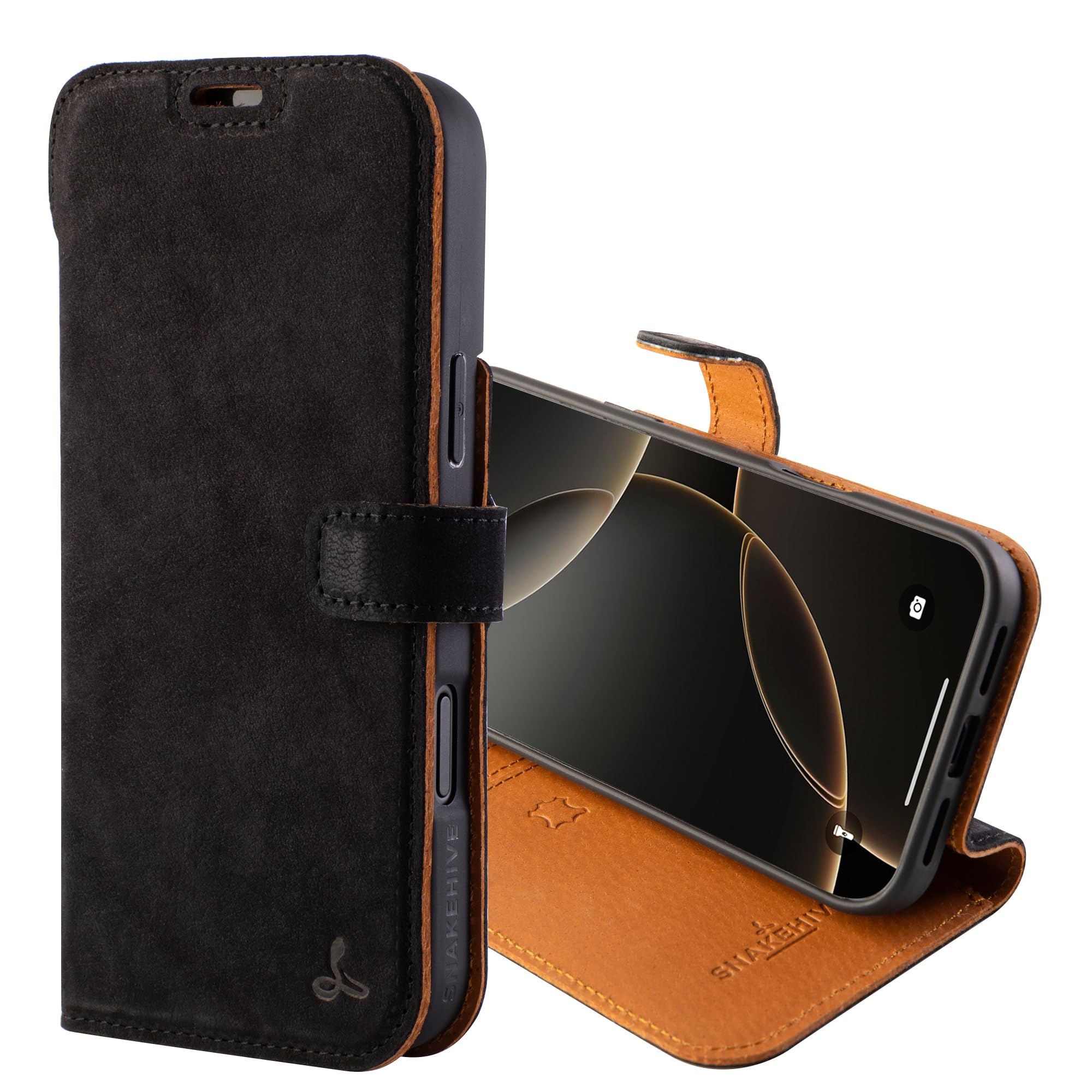 Snakehive Genuine Leather Wallet Case for iPhone 17 Pro Max – Flip Cover with Card Slots & Stand (Black)
