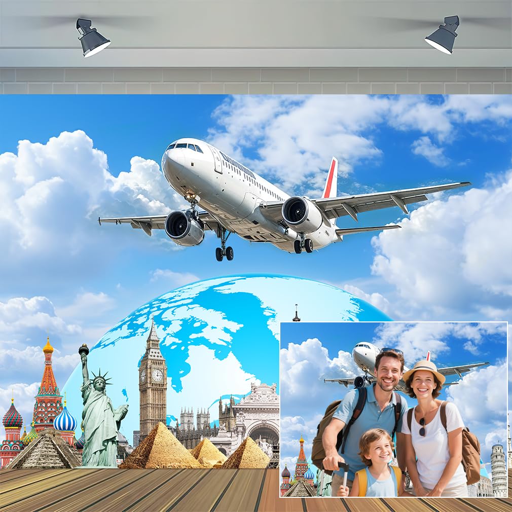 Photo 1 of 10X8ft Around The World Travel Backdrop Airplane Globe World Landmarks Photography Background Travel Adventure Themed Birthday Party Infant Baby Adult Portrait Photo Booth Wall Decor Banner