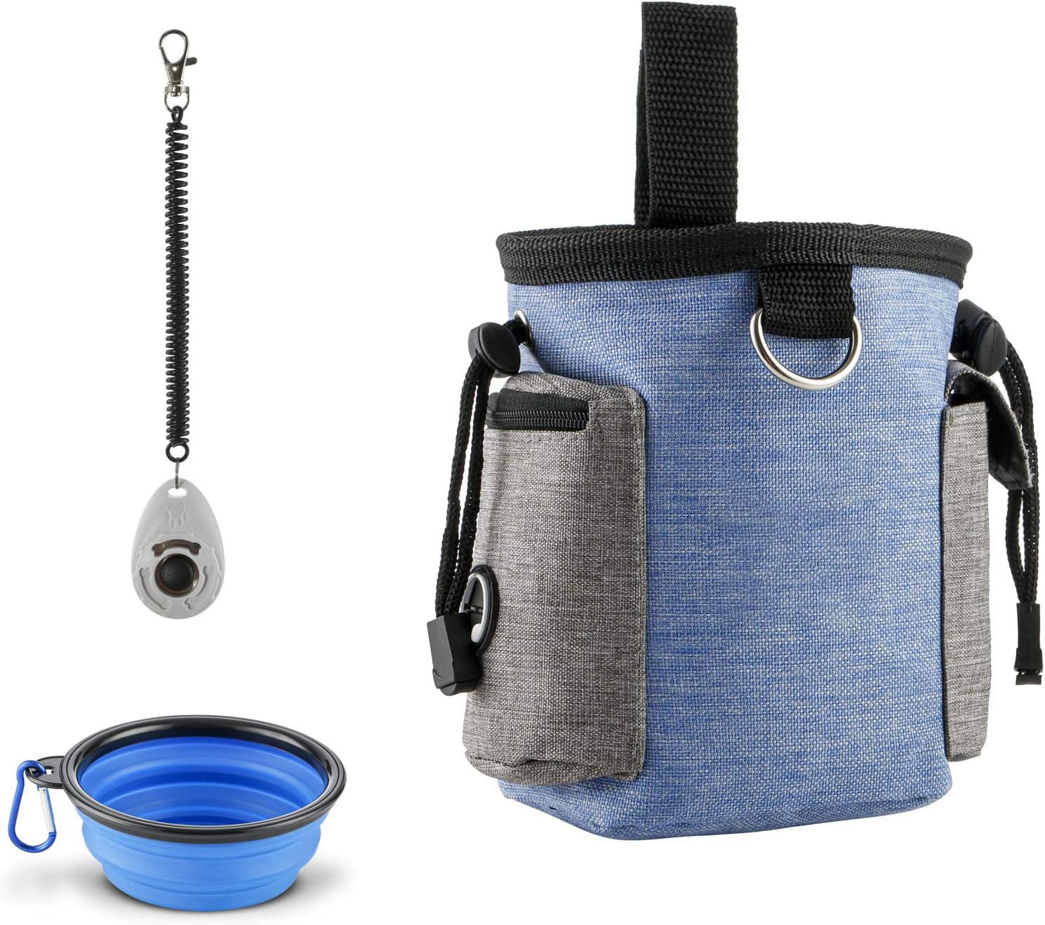 JHMY Dog Treat Pouch Bag with Collapsible Water Feeder Bowl, FREE Doggie Clicker, Travel Food Storage Bag, Pet Training Walking Bag (BLUE)