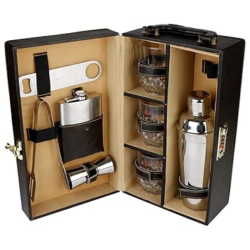 Kidoyzz Bar Accessories Mega Bar Set Portable Leatherette Briefcase Bar Set Bar Set Bar Set for Picnic Bar Set for Travel Bar Set for Car Whiskey Glasses (Color of The Brief Case May Vary)