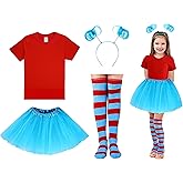 Lenwen Girls Tulle Tutu Costume Accessories Set T Shirt Striped Thigh High Socks Tutu Skirt Headband for Kids Cosplay Party