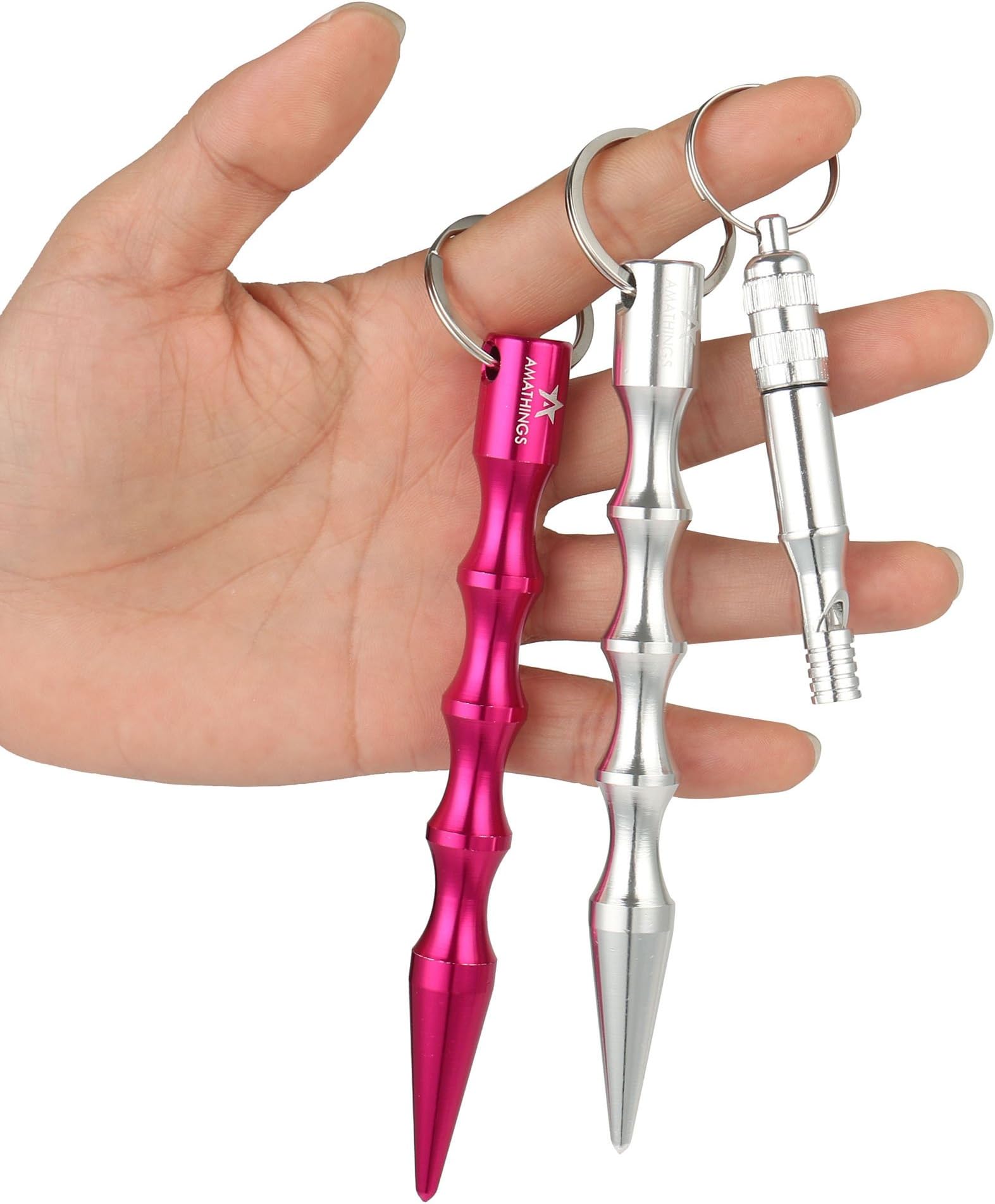 amathings 2 Pieces ! (Double Pack) Kubotan with a Very Loud SOS Signal Whistle in Pink and Silver Ergonomic Grip and Keyring 100% Legal