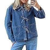 PLNOTME Womens Jean Jacket Tie Front Denim Shacket Tops Fall Fashion Long Sleeve Shirts Coat with Pockets