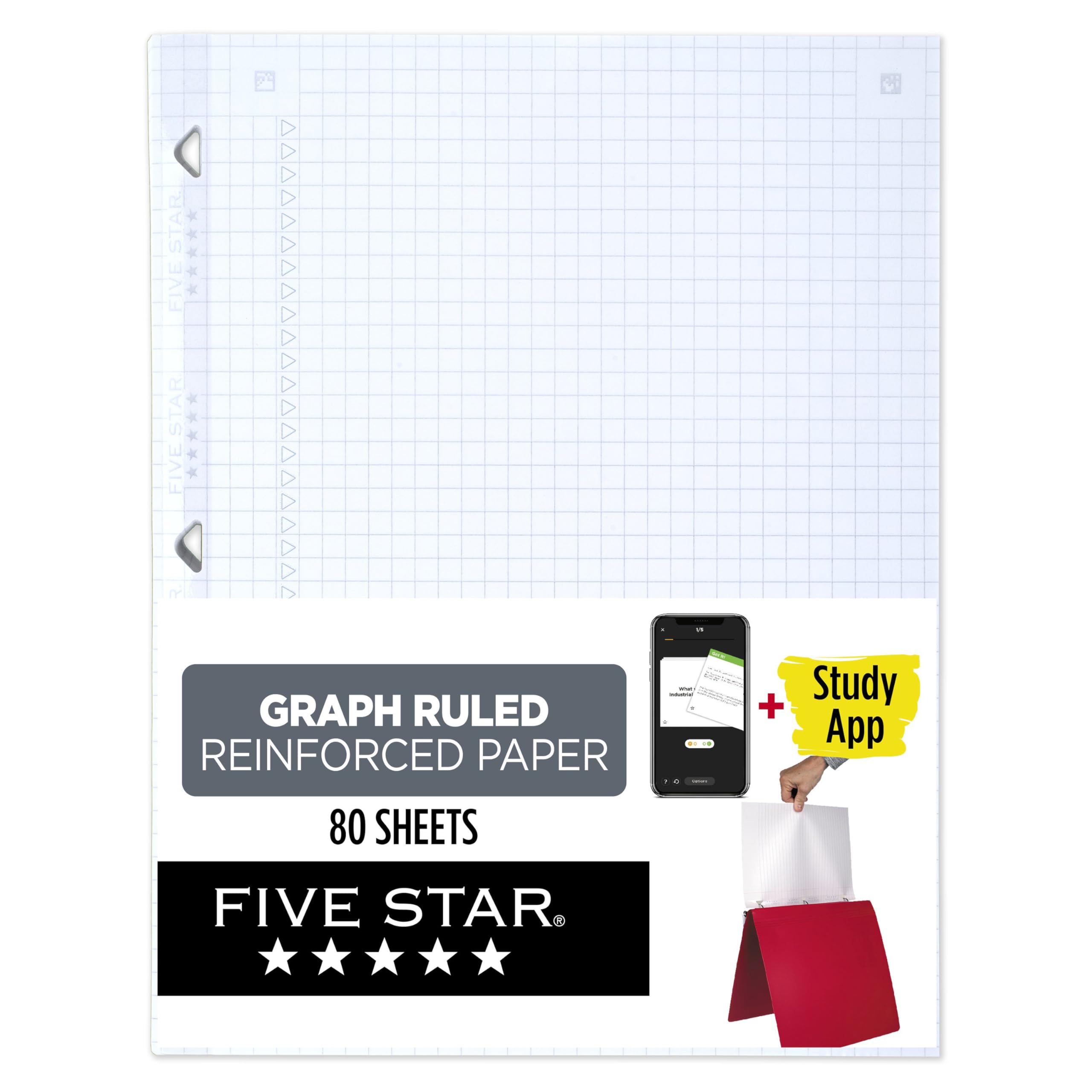 Photo 1 of Five Star Loose Leaf Paper + Study App, Graph Ruled Filler Notebook Paper, Reinforced, Fights Ink Bleed, 8-1/2" x 11", 80 Sheets (170122)