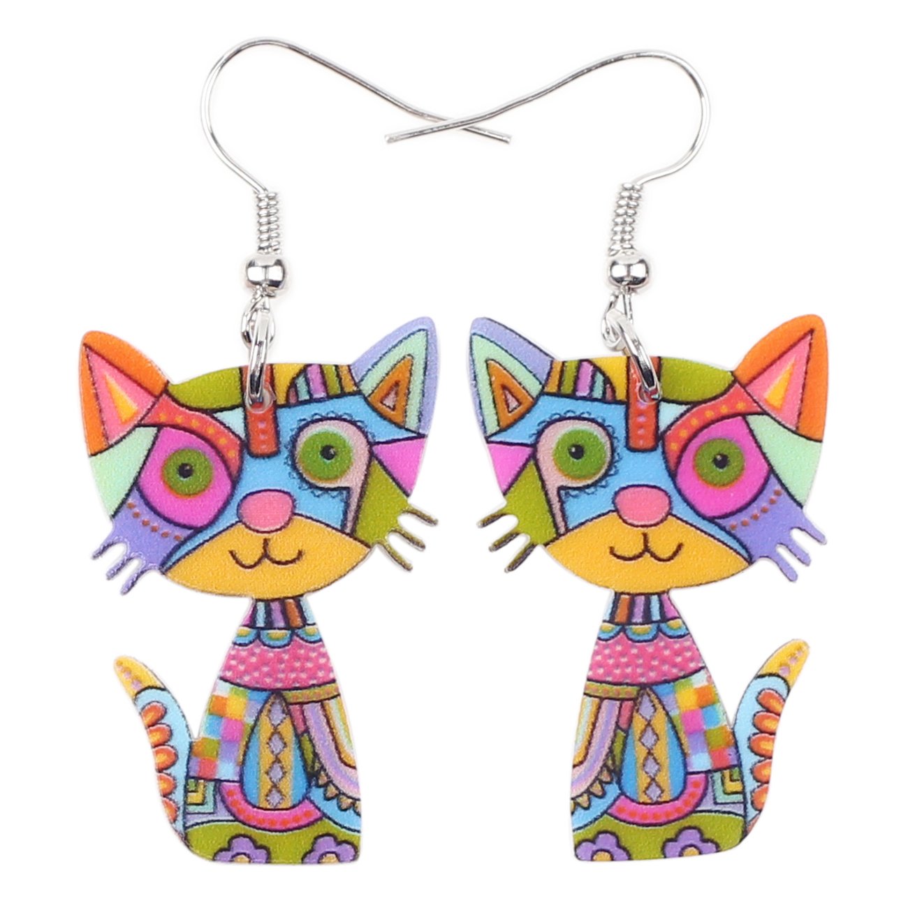 BONSNY "SHOELACE" Pop-Art Cat Collection Large Statement Long Drop Dangle Earrings (Multi)
