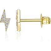 PAVOI 14K Gold Plated Dainty Stud Earrings for Women - 925 Sterling Silver Posts Earrings with Cubic Zirconia - Celestial Lightning Bolt, Moon, Star, and Flower Gold Jewelry Gifts