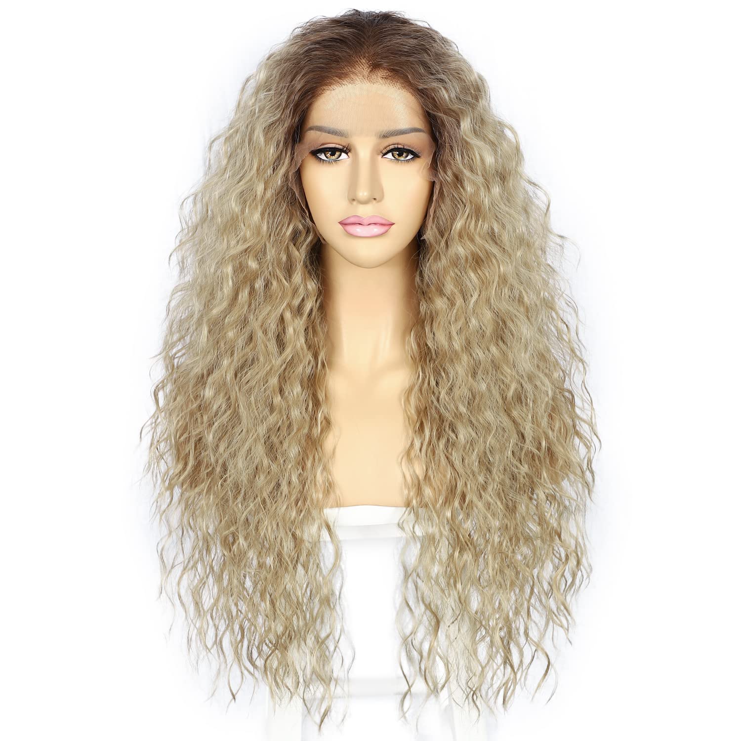 Sapphirewigs Curly Lace Front Wig Ombre Ash Brown Curly Synthetic Wigs for Women 13x3 Daily Wear Party Christmas Halloween Heat Resistant 26 inch