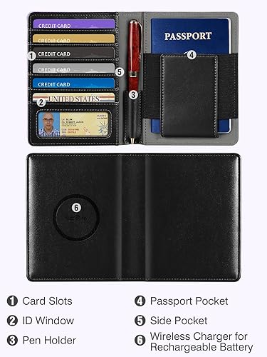Men's Passport Holder With Apple Find My - RFID Blocking Travel Wallet, 6 Card Slots (Black)