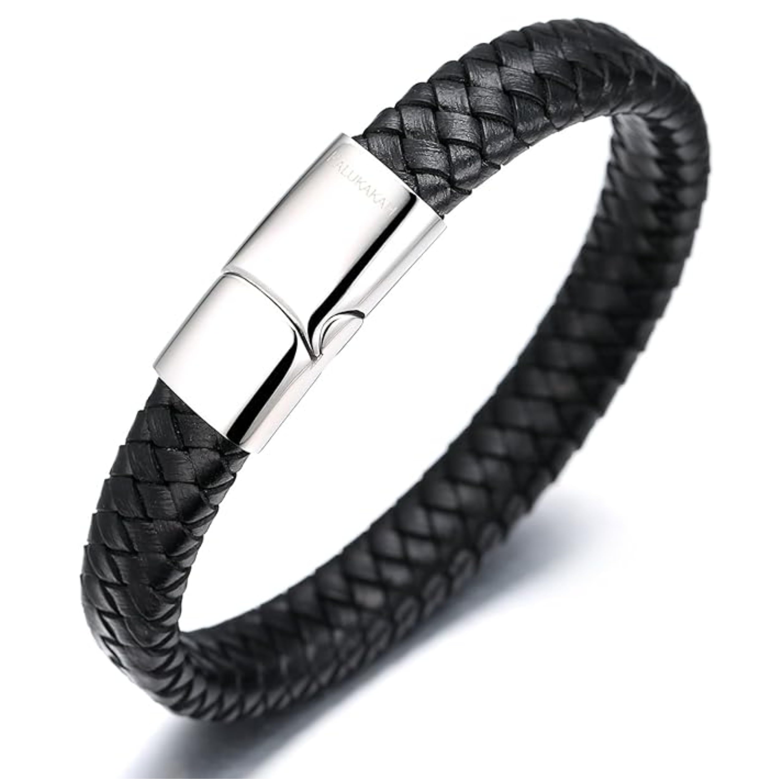 HALUKAKAH Kids ● Solo Junior ● Boy's Genuine Leather Bracelet Classic Black 6-12 Y/O. Titanium Magnetic Clasp 7"/18cm,Free Giftbox