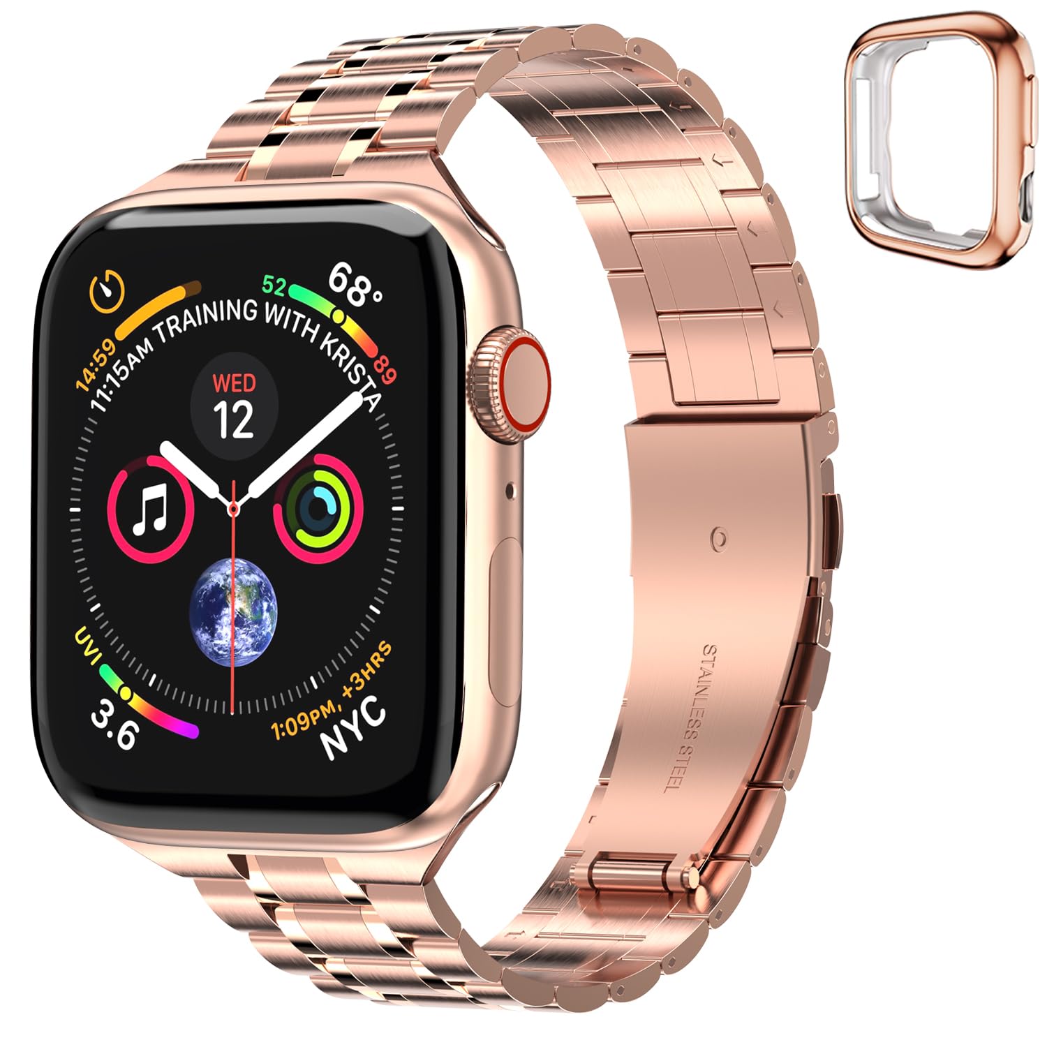 chuangshiji Metal Strap Compatible with Apple Watch Strap Series 9 8 7 6 5 4 3 2 1 SE, 41mm 40mm 38mm Adjustable Stainless Steel Replace for iWatch Band for Women and Men, Rose gold — image 1