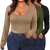 Evervibe 3 Pack Women's Plus Size Long Sleeve Shirts Scoop Neck Slim Fitted Top Casual Stretch Blouses Bodycon Layer Base Tee(Khaki, Army Green, Black,3X-Large)