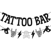 Tattoo Bar Banner, Black ＆ Silver Glitter Pre-strung | Temporary Tattoo Station Sign Decorations, Rock On Birthday Party Decorations, Bachelorette Party Decor