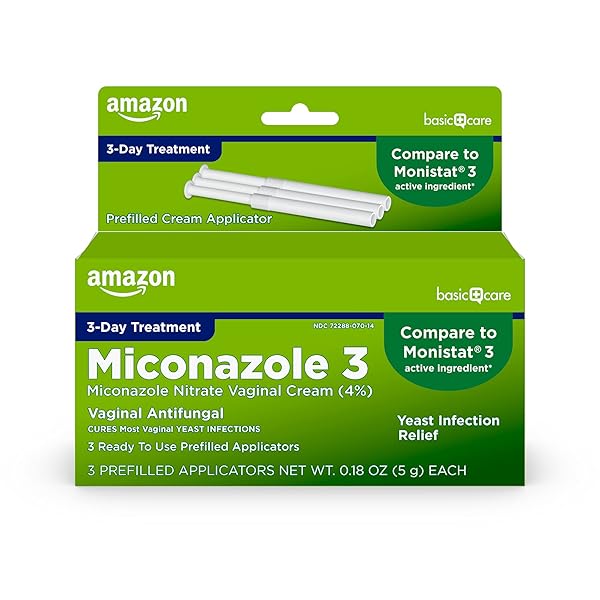 AMAZON BASIC CARE MICONAZOLE NITRATE VAGINAL CREAM (4 PERCENT), 3-DAY YEAST INFECTION TREATMENT FOR WOMEN WITH PREFILLED APPLICATORS, 0.18 OUNCE, 3 COUNT