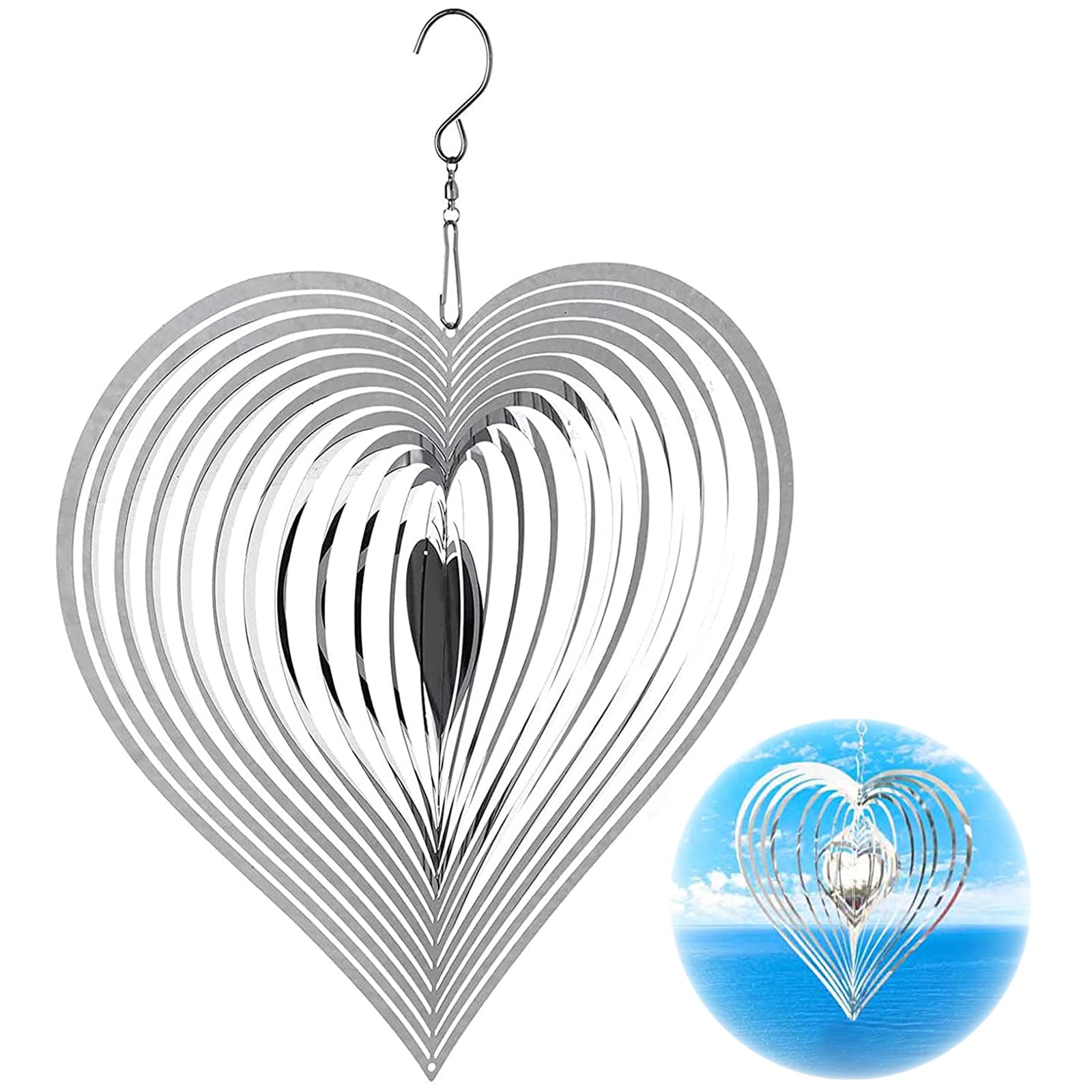 ZUOMENDY18 Stainless Steel Wind Hanging Spinners Wind Spinner Yard Art Garden Decor Wind Chimes Metal Garden Spinner Spiral Heart Wind Chime 3d Flowing Wind Spinner for Ornament Decoration 15cm