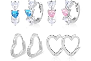 Lancharmed Small Sterling Silver Heart Hoop Earrings for Girls Women Hypoallergenic Love Heart Pink Blue Earrings Jewelry Girl Hoop Earings 4 Pairs