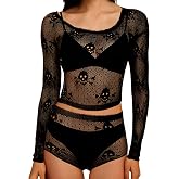 Gullora Women’s 2 Piece Skull Lace Bodysuit Lingerie Set, Off Shoulder Long Sleeve Fishnet Crop Top and High Waist Panty for Halloween Costume, Sexy Nightwear, Clubwear