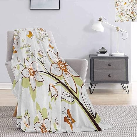 Amazon Co Jp 秋フェイクフリーススローブランケット動物相秋シーズンカラーパレット花と蝶暖かいイメージソフト暖かいぬいぐるみブランケットオレンジペールグリーンブラック 150x0 ホーム キッチン