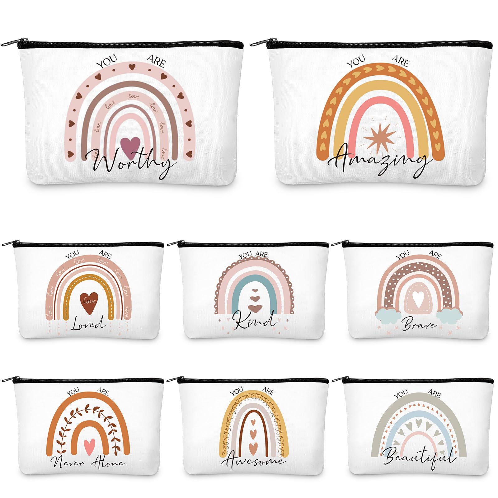 Weewooday 8 Pcs Inspirational Gifts for Women Rainbow Makeup Bags with Zipper Thank You Gifts Make up Gifts Small Presents for Teacher, Women, Friend, Sister, Staff, Nurse, 8 Styles, 9.1 x 5.9 Inches