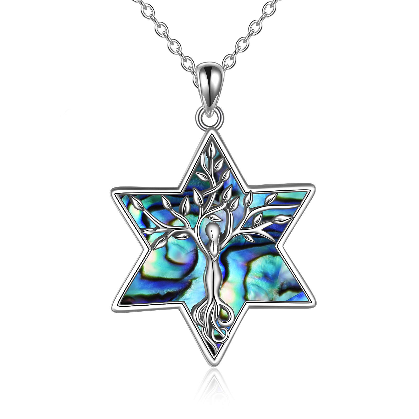 YAFEINI Tree of Life Necklace 925 Sterling Silver Abalone Hexagram Pendant Necklace Jewelry Gifts for Women