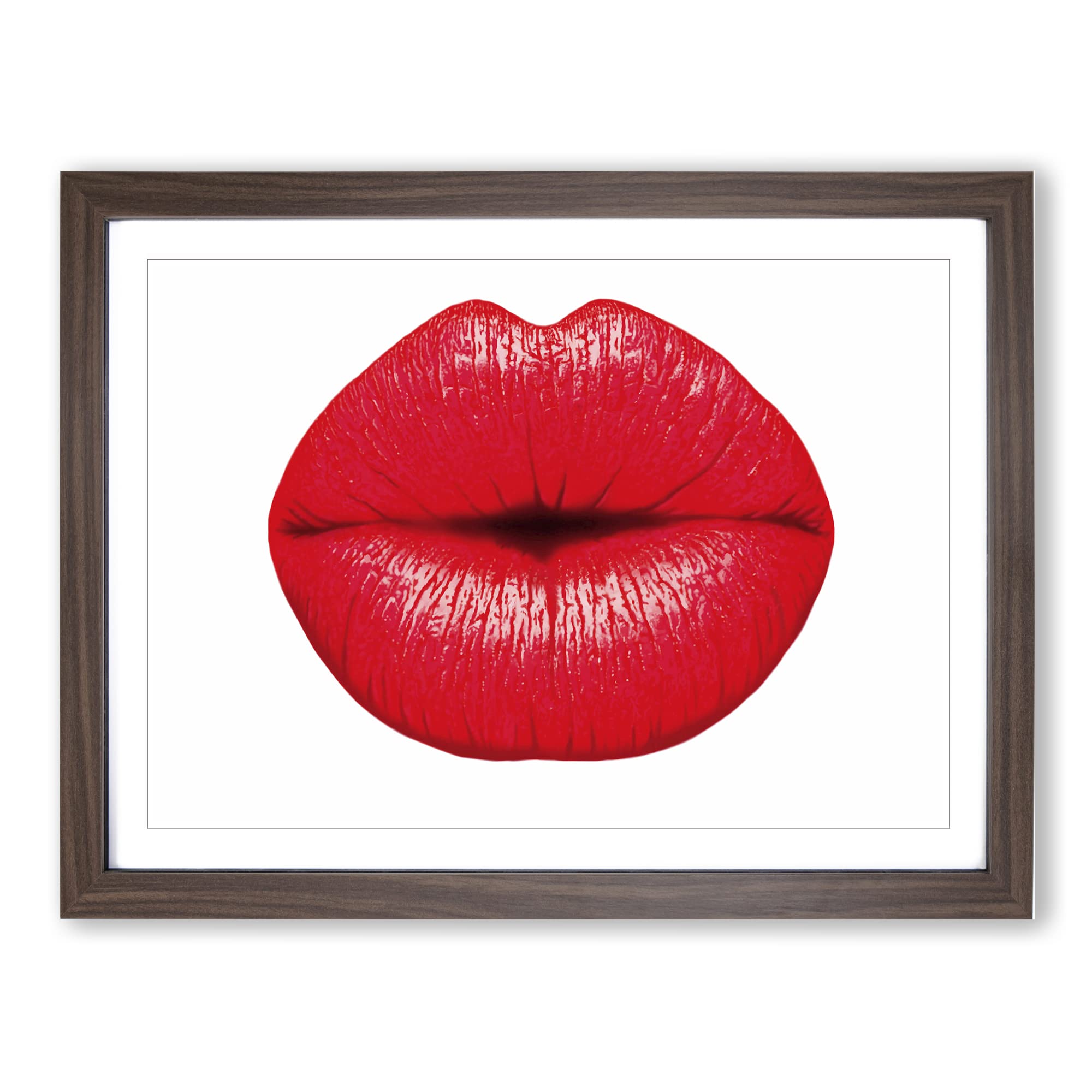 Red Lips Kiss Modern Framed Wall Art Print, Ready to Hang Picture for Living Room Bedroom Home Office Décor, Walnut A4 (34 x 25 cm)