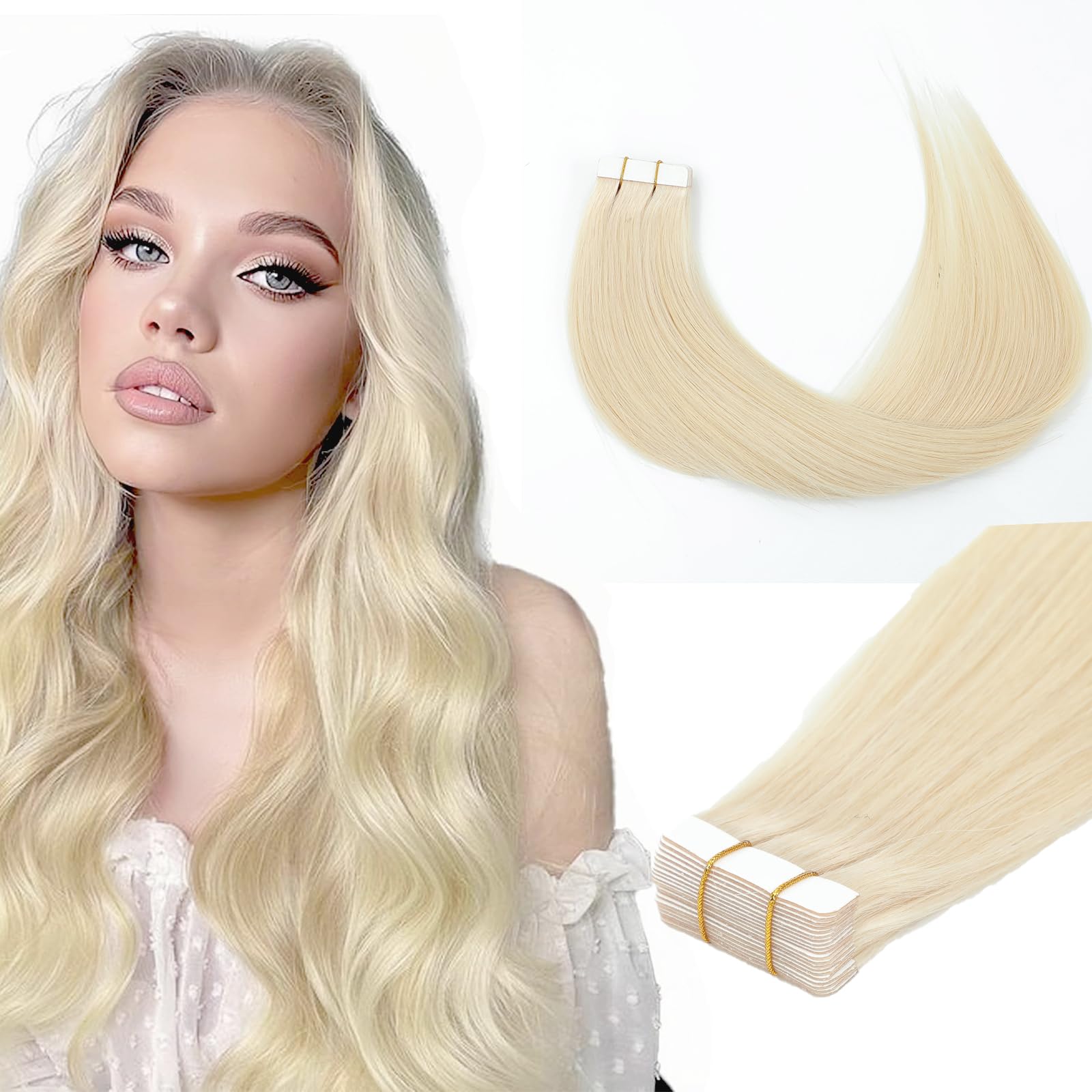 24 Inch 60# Blonde Tape in Hair Extensions Human Hair Seamless Skin Weft Remy Hair Extensions Invisible Straight Tape in HairExtension Human Hair 20pcs