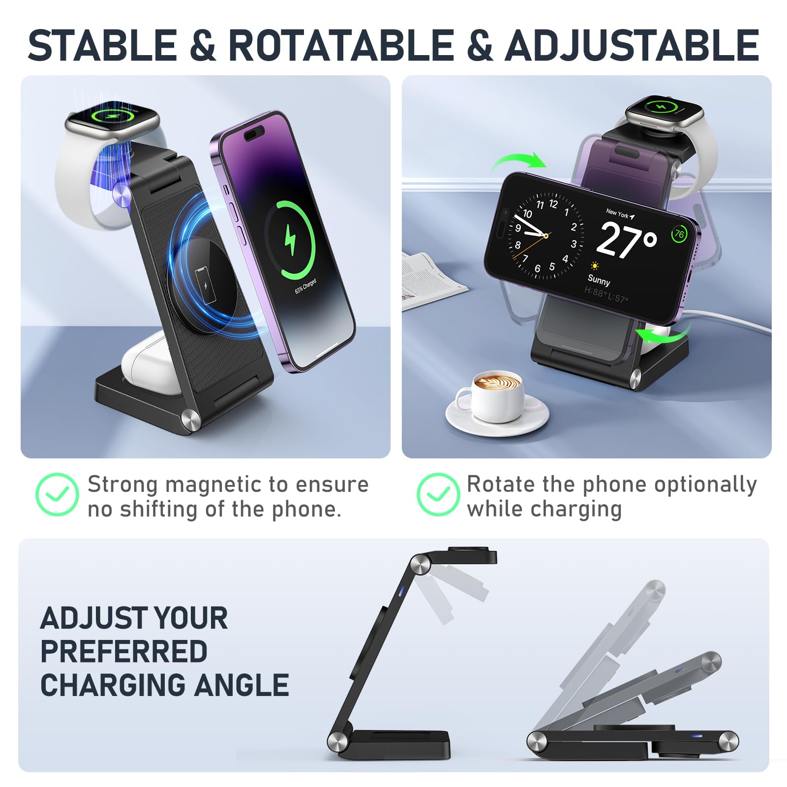 Magnetic Wireless Charger Stand, 3 in 1 Foldable Wireless Charging Station, Travel Charger for Multiple Devices for iPhone 16 15 14 13 12 Series, Apple Watch Ultra/9/8/7/6/5/4/3/2, AirPods