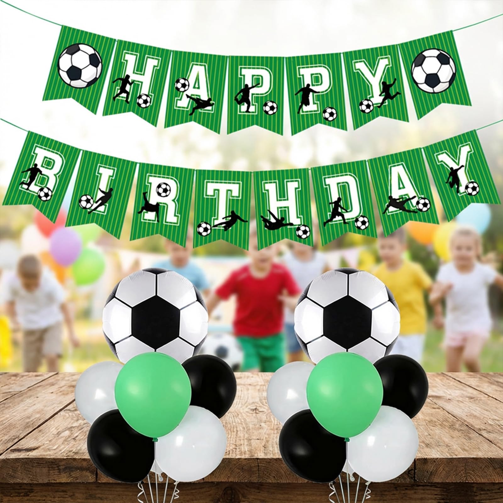 Football Balloons and Banner Kit - 14 Latex & Foil Soccer Party Decorations with String Needle & Ribbon for Easy Assembly - Indoor Outdoor Birthday Party Supplies