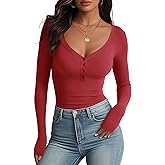 Meetrendi Women's Long Sleeve V Neck Shirt Sexy Henley Tight Slim Fitted Going Out Top Ribbed Button Fall Fashion 2025