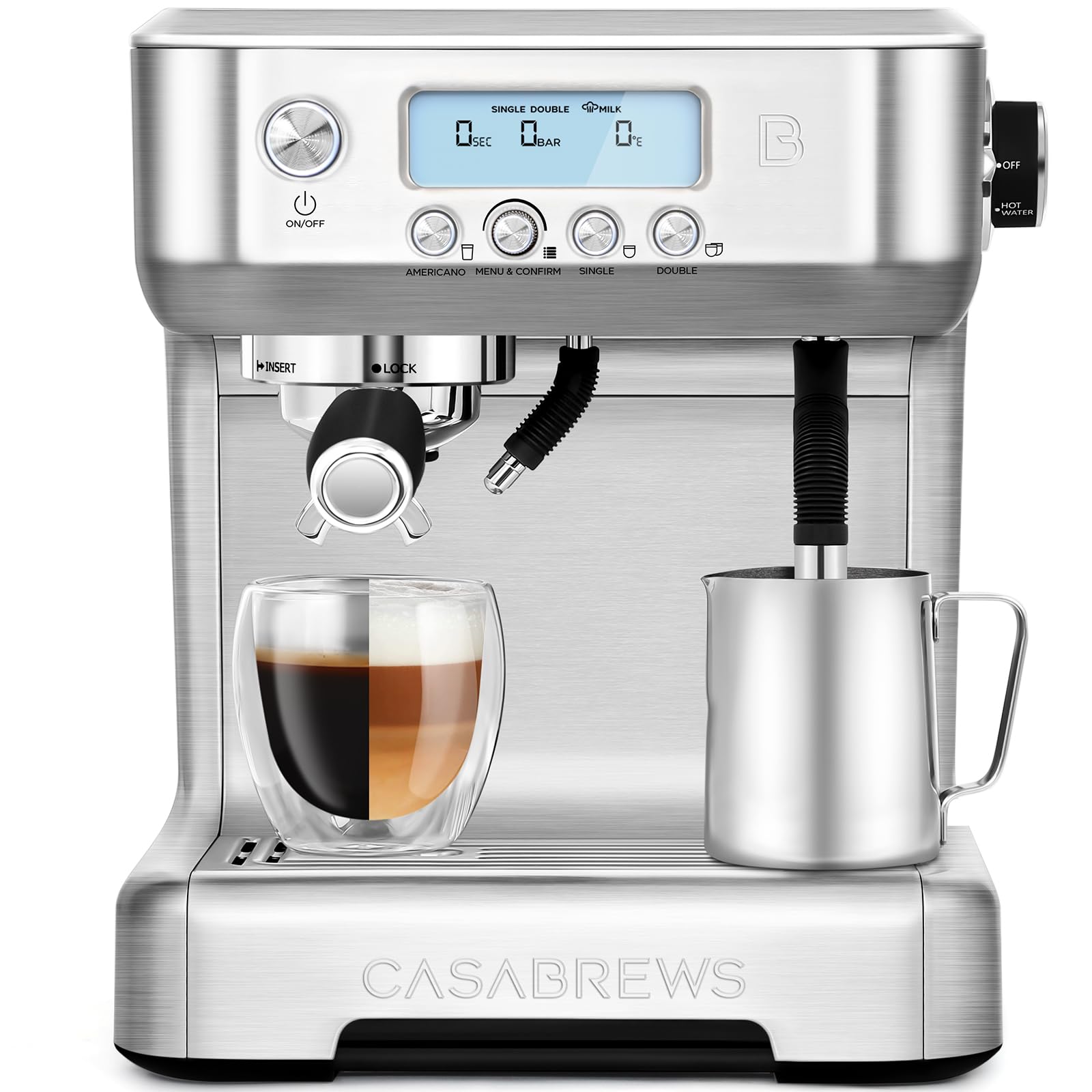 Photo 1 of CASABREWS Espresso Machine with Automatic Milk Frother, 20 Bar Espresso Maker with Dual Boiler and LCD Display, Barista Cappuccino Latte Maker with Separate Hot Water System for Americano, Silver