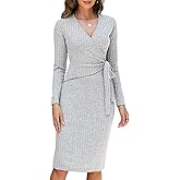 Lyrur Women's Long Sleeve Fall Dresses 2025 Trendy V Neck Tie Waist Wrap Midi Dress