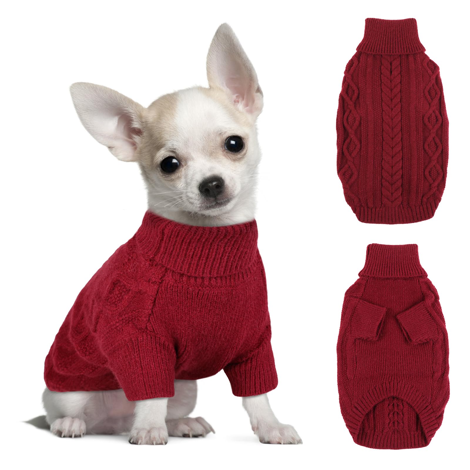 Hjumarayan Dog Jumpers Small, Knitted Jumpers for Puppy Small Dogs, Warm Pet Clothes Outfit for Winter Outdoor, Soft Sweater Thick Coat for Chihuahua, Yorkshire Terrier, Burgundy Red XS