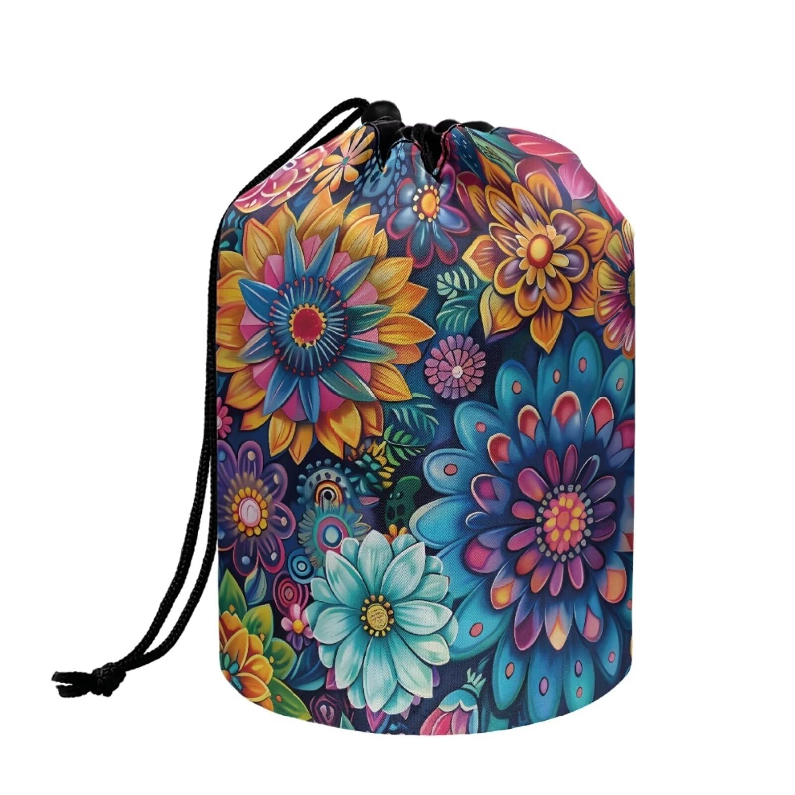 chaqlin Hippie Lotus Print Travel Cosmetic Bags Barrel Makeup Bag,Women Girls Portable Foldable Cases Multifunctional Toiletry Bucket Bags Round Organizer Storage Pocket