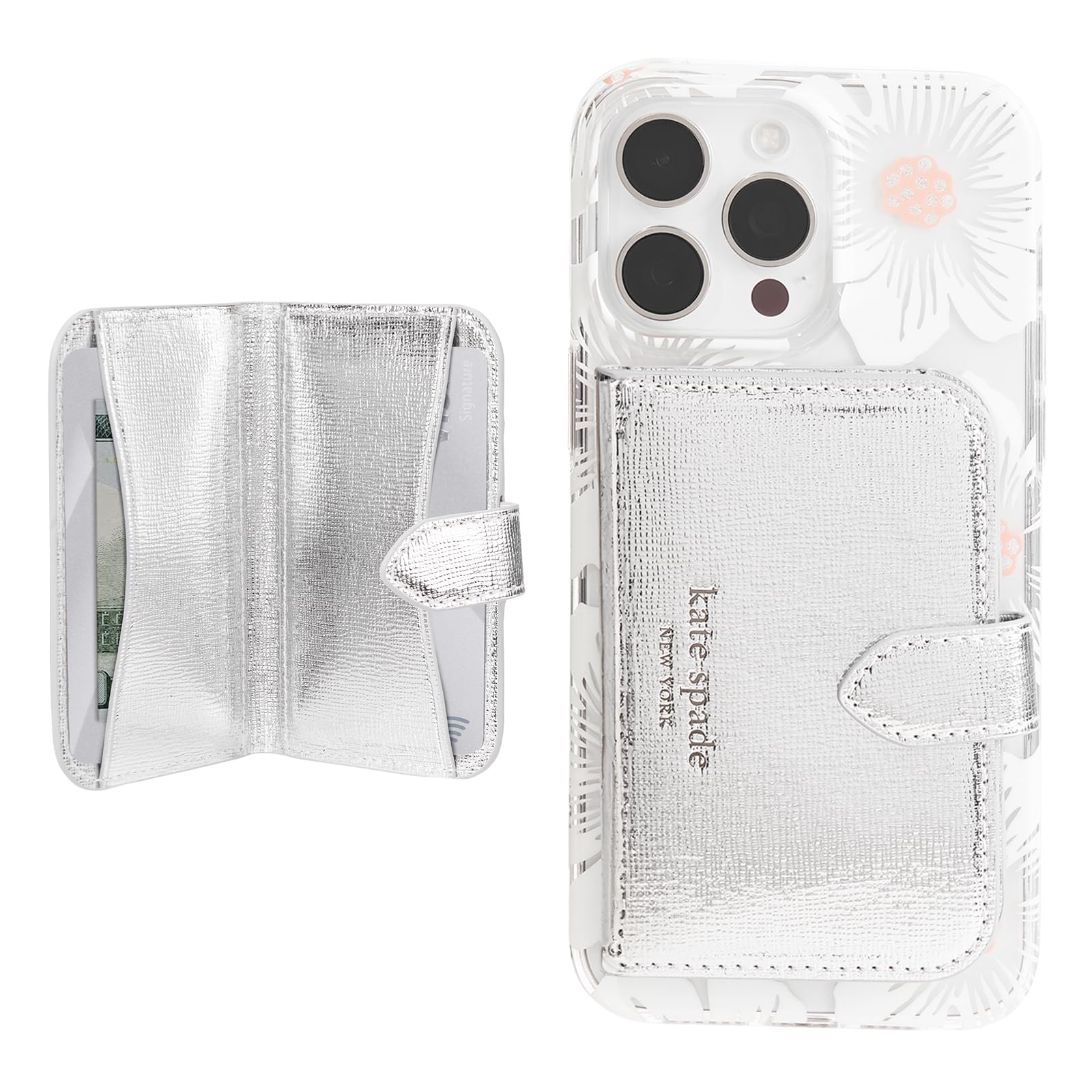 Kate Spade New York Morgan Magnetic Phone Wallet/Card Holder - Compatible with MagSafe Phones and Cases - Metallic Silver