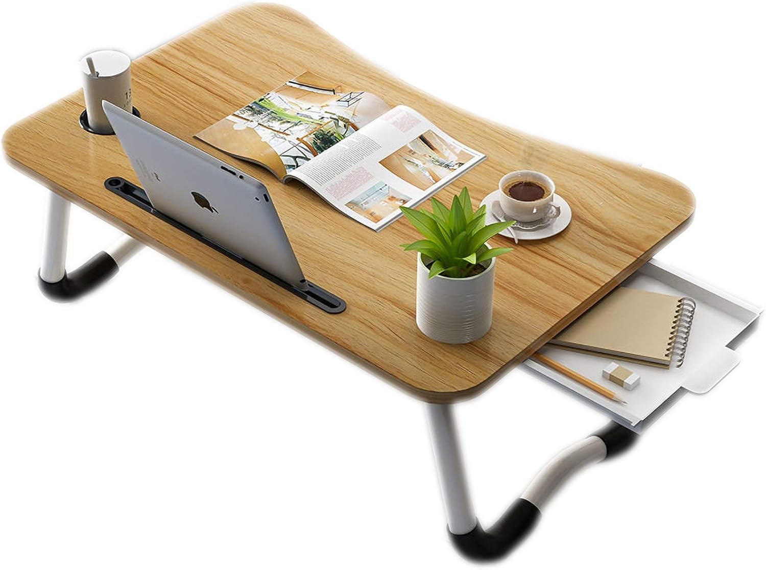 TISHLED Bed Trays for Eating and Laptops with Folding Legs, Foldable Breakfast Serving Desk with Cup Holder, Portable Tablet Stand Overbed Table with Storage Drawer for Kid, Adult and Elderly, Walnut