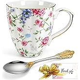 TEVLAUXO Fine Bone China Mugs,with Gold Trim,Floral Fiower Vintage Pattern,Porcelain Coffee Tea Cups,Pretty Large Ceramic wit