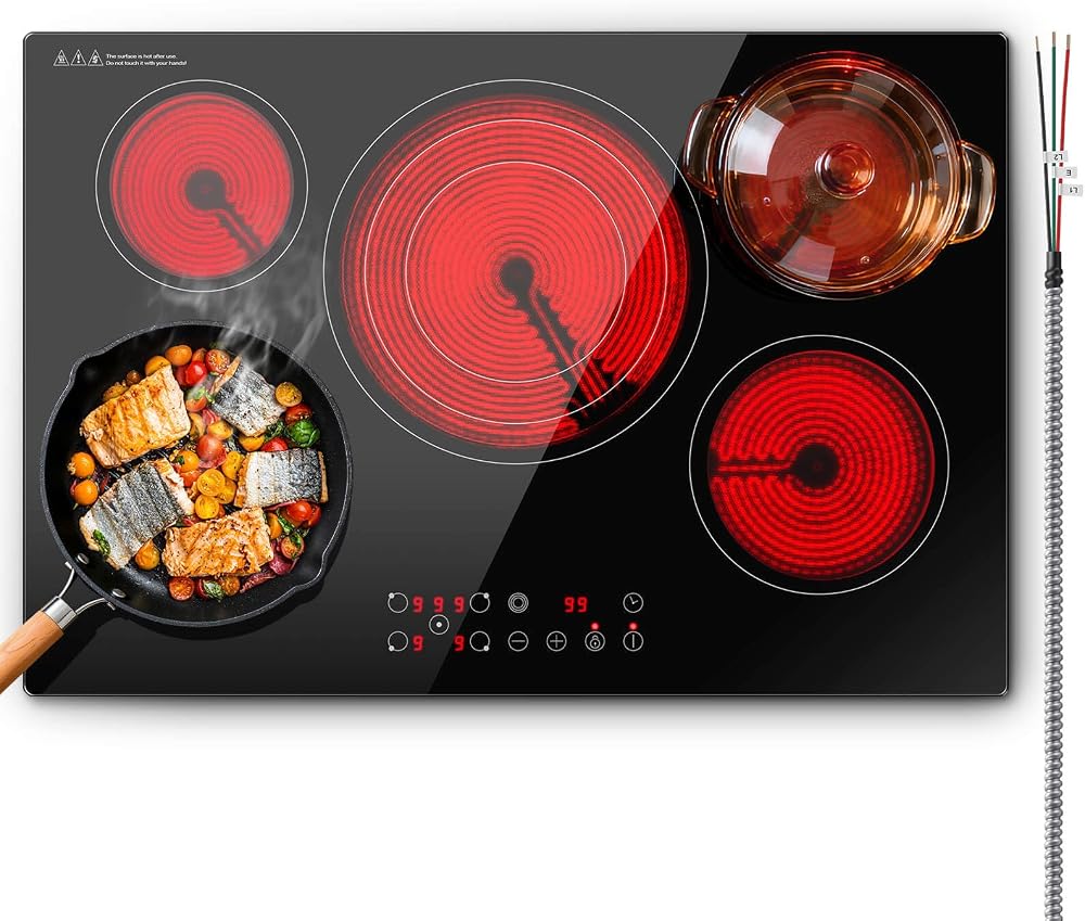 SNDOAS Electric Cooktop 30 inch,9000W 5-Burner Built-in Electric Stove Top with Ceramic Glass & 9 Power Levels,240V Hardwired
