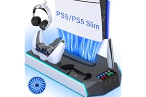 HOLLABUDZ PS5/PS5 Slim Cooling Station with Controller Charging Station for PlayStation 5 Console Disc/Digital, PS 5 Cooling Stand Accessories with LED Light/Charger/Cooler Fan/3 USB Hubs/Headset Holder/Screw