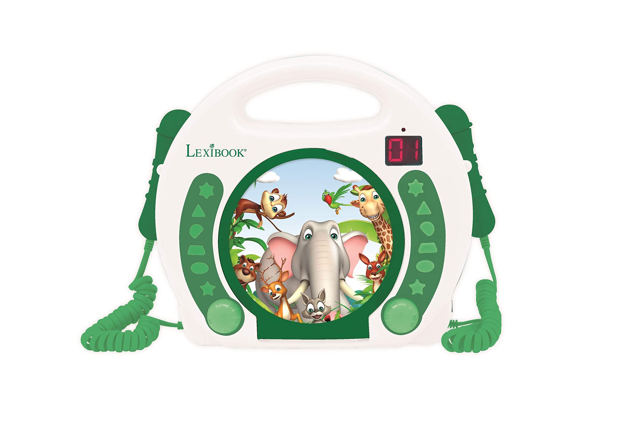 Lexibook, Animals, Portable CD player with Microphones, Music Player, Repeat and Programming, Karaoke, Headphones jack, White/Green, RCDK100ANX