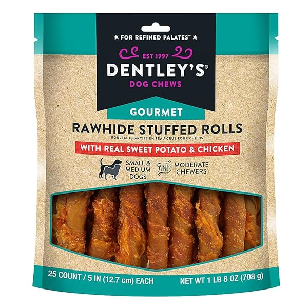 DENTLEY’S GOURMET RAWHIDE STUFFED ROLLS DOG TREATS – SWEET POTATO & CHICKEN 25 ROLLS PER PACK