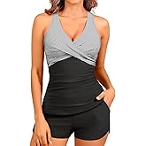 Women Tankini Swimsuits with Shorts - Two Piece Tummy Control Bathing Suits Top with Two Pockets Bottom Swimwear