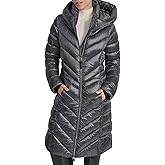 DKNY Women's Long Shiny Puffer Coat With Hood – Quilted Gloss Finish Winter Jacket