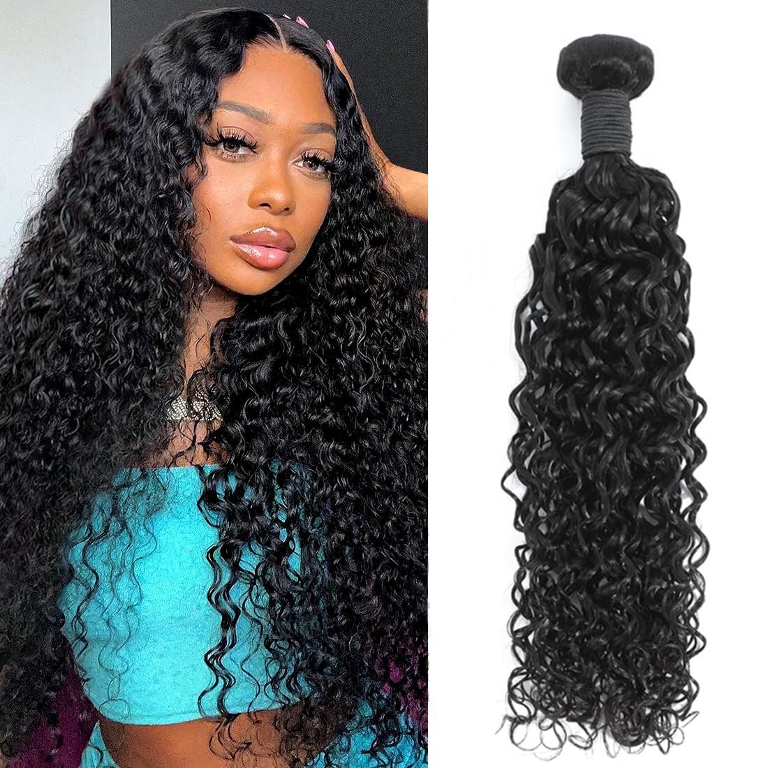 Water Wave Human Hair Bundles 10 Inch 12A 100% Unprocessed Brazilian Virgin Hair Curly Bundles Human Hair Can be Dyed Wet and Wavy 3 bundles Curly Weave Bundles Natural Black Color