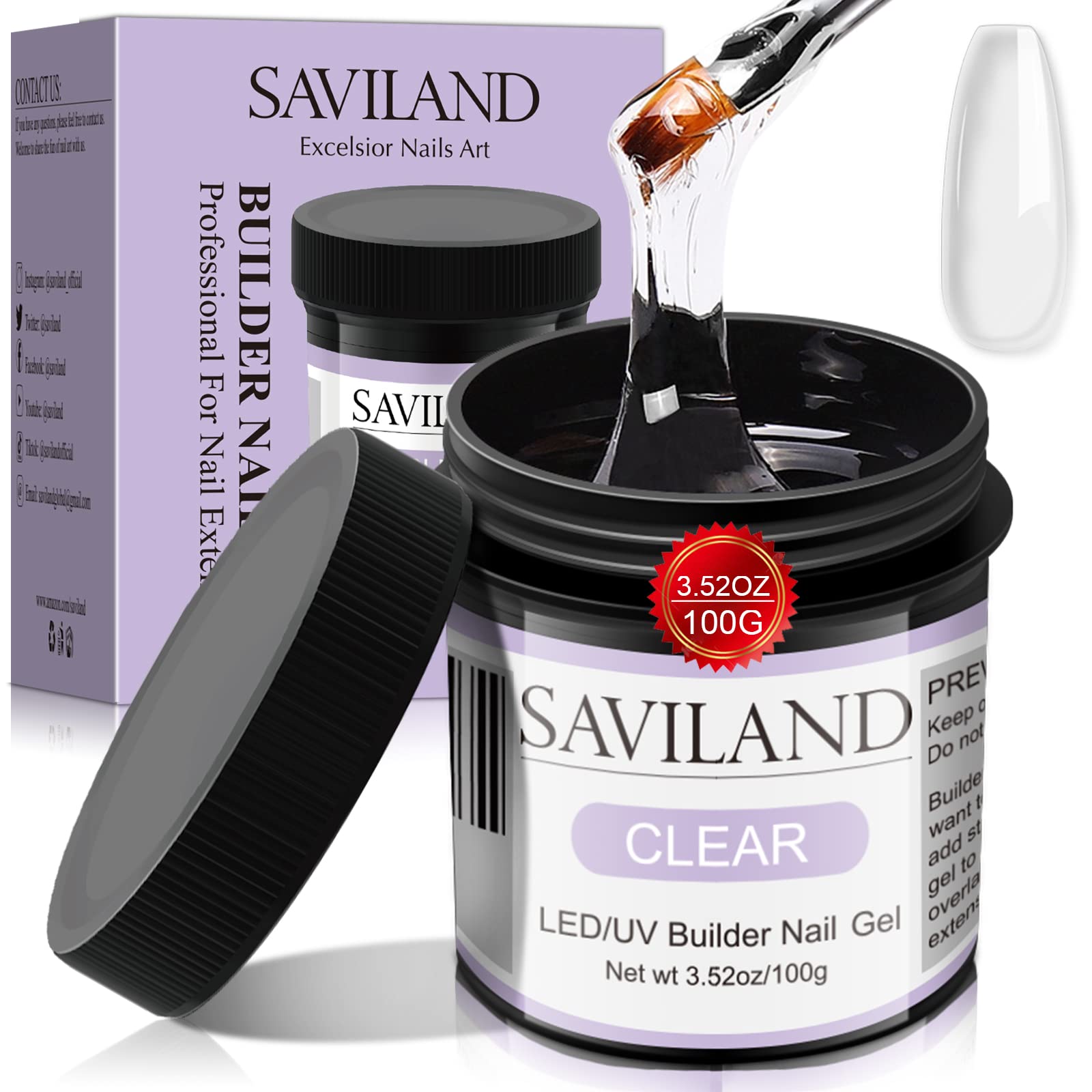 Saviland 100g Clear Builder Nail Gel: 3.5oz Large Capacity Builders Hard Gel For Nails Builder Gels In a Bottle Nail Extension Gel Builder For Nails Strengthen Diy The GelBottle Nail Art Manicure