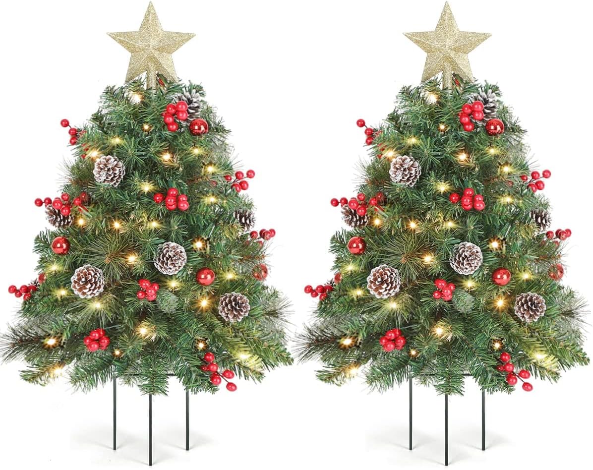 Trees - OasisCraft 33 inch Christmas Trees with LED Lights 2 Pack, Outdoor Prelit Christmas Trees, Small Artificial Christmas Tree with Ornaments for Porch, Driveway, Yard, Garden