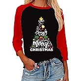 Merry Christmas Shirts Women's 3/4 Sleeve Xmas Tree Vintage Graphic Tee Tops Holidays O-Neck Baseball T Shirt Blouse