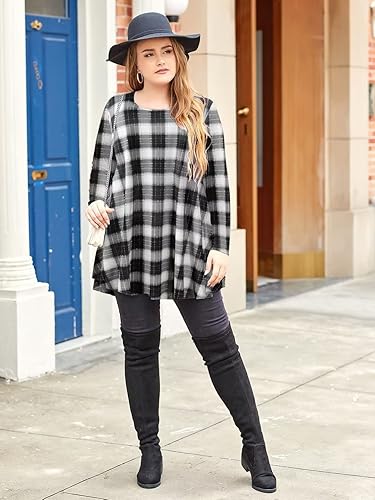 LARACE Plus Size Tunic Tops Long Sleeve Plaid Shirt for Womens
