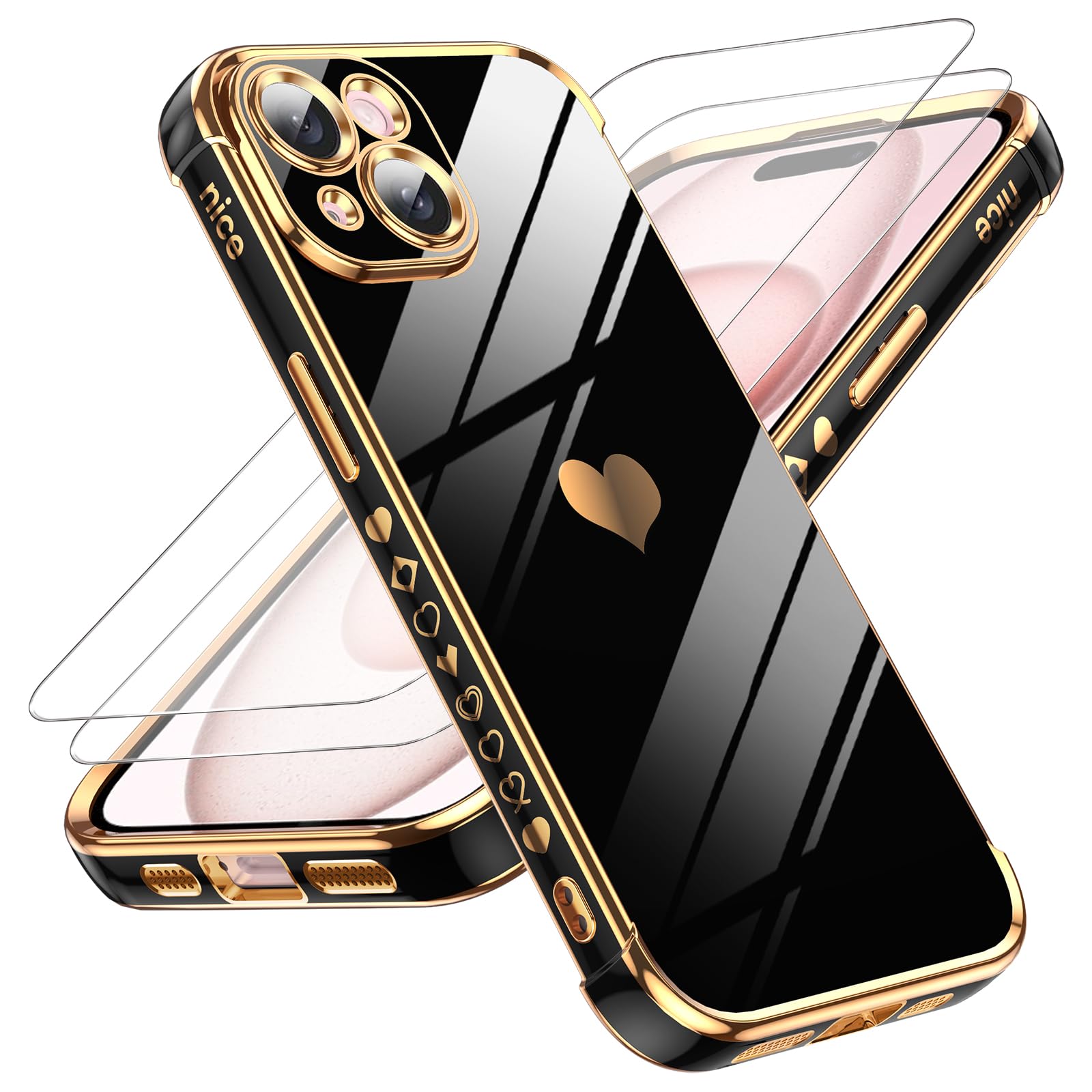 Photo 1 of LeYi for iPhone 15 Case: with Tempered Glass Screen Protector [2 Pcs]+ Full Camera Lens Protection,Love Heart Plating Women Cute Luxury Soft TPU Shockproof Case for iPhone 15,Black
