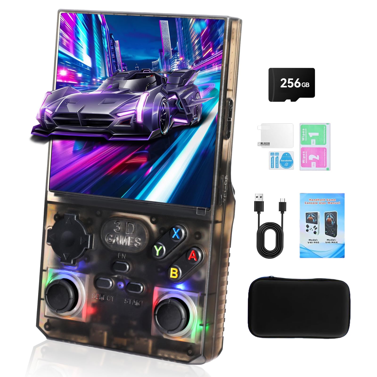 GWALSNTH V40 MAX Mini Retro Handheld Game Console, 40000 Games 256G TF Card, Built-in 49+ Emulators, 4.0 Inch 4K HD IPS Screen, 4000mAh Battery, Portable Pocket Video Console (Transparent Gray)