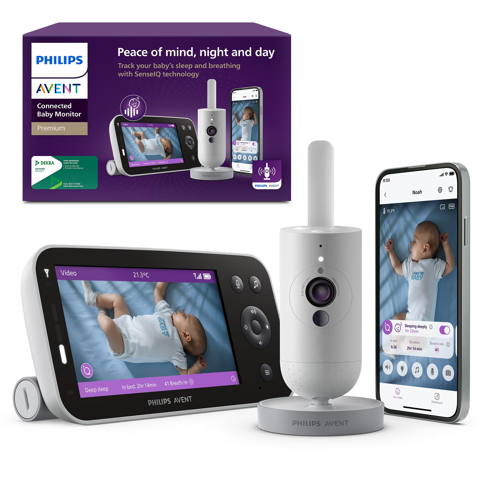 Philips AVENT Premium Connected Babyphone mit Kamera, das bisher Beste Babyphone, Schlaf- und Atmungs-Tracking mit KI, Schrei-Interpretation, DEKRA Zertifiziert privat und sicher, SCD973/26
