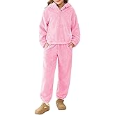 Haloumoning Girls 2 Piece Outfits Kids Fuzzy Bear Ear Hoodies Pullover Sweatshirt and Sweatpants Cute Clothing Sets